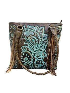 Patricia Nash Leather Tote Bag With Turquoise Floral Design